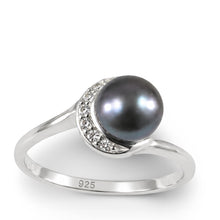Load image into Gallery viewer, Solid Sterling Silver .925 Black-Gray Freshwater Cultured Pearl &amp; CZ Crescent Ring