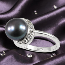 Load image into Gallery viewer, Solid Sterling Silver .925 Black-Gray Freshwater Cultured Pearl &amp; CZ Crescent Ring