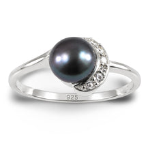 Load image into Gallery viewer, Solid Sterling Silver .925 Black-Gray Freshwater Cultured Pearl &amp; CZ Crescent Ring