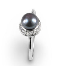 Load image into Gallery viewer, Solid Sterling Silver .925 Black-Gray Freshwater Cultured Pearl &amp; CZ Crescent Ring