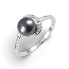 Load image into Gallery viewer, Solid Sterling Silver .925 Black-Gray Freshwater Cultured Pearl &amp; CZ Crescent Ring