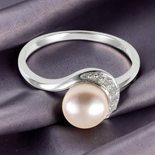 Load image into Gallery viewer, Solid Sterling Silver .925 Pink-Peach Freshwater Cultured Pearl &amp; CZ Crescent Ring