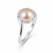 Load image into Gallery viewer, Solid Sterling Silver .925 Pink-Peach Freshwater Cultured Pearl &amp; CZ Crescent Ring