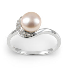 Load image into Gallery viewer, Solid Sterling Silver .925 Pink-Peach Freshwater Cultured Pearl &amp; CZ Crescent Ring