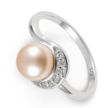 Load image into Gallery viewer, Solid Sterling Silver .925 Pink-Peach Freshwater Cultured Pearl &amp; CZ Crescent Ring