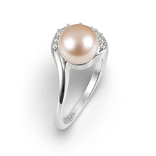 Load image into Gallery viewer, Solid Sterling Silver .925 Pink-Peach Freshwater Cultured Pearl &amp; CZ Crescent Ring