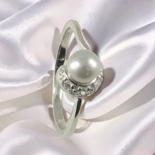Load image into Gallery viewer, Solid Sterling Silver .925 Silver-Tone Freshwater Cultured Pearl &amp; CZ Crescent Ring