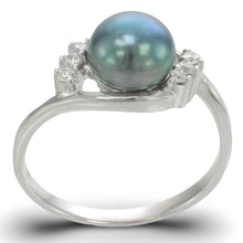 Load image into Gallery viewer, Solid Sterling Silver .925 Black-Blue Freshwater Cultured Pearl &amp; CZ Accent Ring