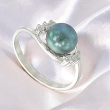 Load image into Gallery viewer, Solid Sterling Silver .925 Black-Blue Freshwater Cultured Pearl &amp; CZ Accent Ring