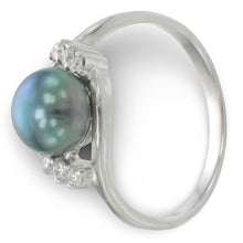 Load image into Gallery viewer, Solid Sterling Silver .925 Black-Blue Freshwater Cultured Pearl &amp; CZ Accent Ring