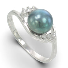 Load image into Gallery viewer, Solid Sterling Silver .925 Black-Blue Freshwater Cultured Pearl &amp; CZ Accent Ring