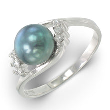 Load image into Gallery viewer, Solid Sterling Silver .925 Black-Blue Freshwater Cultured Pearl &amp; CZ Accent Ring