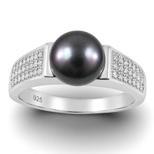Load image into Gallery viewer, Solid Sterling Silver .925 Black Cultured Pearl &amp; CZ Accent Ring