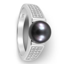 Load image into Gallery viewer, Solid Sterling Silver .925 Black Cultured Pearl &amp; CZ Accent Ring