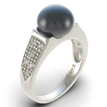 Load image into Gallery viewer, Solid Sterling Silver .925 Black Cultured Pearl &amp; CZ Accent Ring