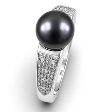 Load image into Gallery viewer, Solid Sterling Silver .925 Black Cultured Pearl &amp; CZ Accent Ring