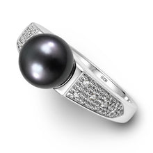 Load image into Gallery viewer, Solid Sterling Silver .925 Black Cultured Pearl &amp; CZ Accent Ring