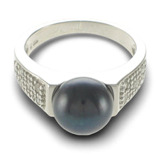 Load image into Gallery viewer, Solid Sterling Silver .925 Black Cultured Pearl &amp; CZ Accent Ring