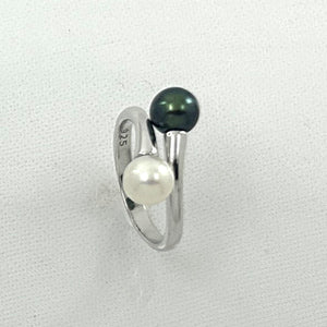 9302094 SILVER .925 TWIN AAA BLACK & WHITE ROUND PEARL COCKTAIL RING