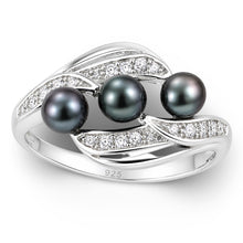Load image into Gallery viewer, Solid Sterling Silver .925 Black Cultured Pearl &amp; Cubic Zirconia Cocktail Ring