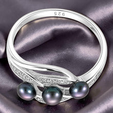 Load image into Gallery viewer, Solid Sterling Silver .925 Black Cultured Pearl &amp; Cubic Zirconia Cocktail Ring