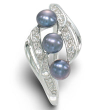 Load image into Gallery viewer, Solid Sterling Silver .925 Black Cultured Pearl &amp; Cubic Zirconia Cocktail Ring