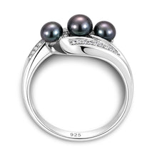 Load image into Gallery viewer, Solid Sterling Silver .925 Black Cultured Pearl &amp; Cubic Zirconia Cocktail Ring