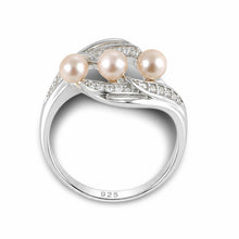 Load image into Gallery viewer, Solid Sterling Silver .925 Peach-Pink Cultured Pearl &amp; Cubic Zirconia Cocktail Ring