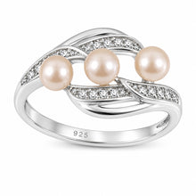 Load image into Gallery viewer, Solid Sterling Silver .925 Peach-Pink Cultured Pearl &amp; Cubic Zirconia Cocktail Ring