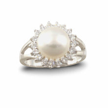 Load image into Gallery viewer, Solid Sterling Silver .925 Cultured Pearl &amp; Cubic Zirconia Cluster Ring