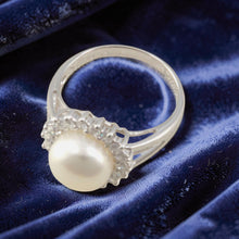 Load image into Gallery viewer, Solid Sterling Silver .925 Cultured Pearl &amp; Cubic Zirconia Cluster Ring
