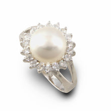 Load image into Gallery viewer, Solid Sterling Silver .925 Cultured Pearl &amp; Cubic Zirconia Cluster Ring