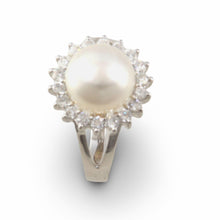 Load image into Gallery viewer, Solid Sterling Silver .925 Cultured Pearl &amp; Cubic Zirconia Cluster Ring