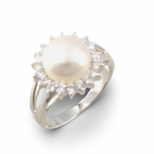 Load image into Gallery viewer, Solid Sterling Silver .925 Cultured Pearl &amp; Cubic Zirconia Cluster Ring