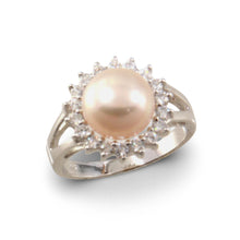 Load image into Gallery viewer, Solid Sterling Silver .925 Cultured Pearl &amp; Cubic Zirconia Cluster Ring