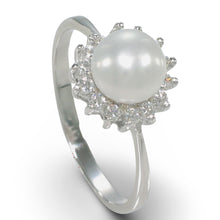 Load image into Gallery viewer, Solid Sterling Silver .925 White Freshwater Pearl Halo Ring