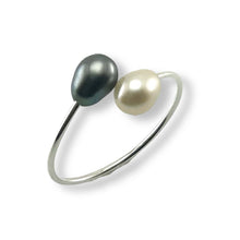Load image into Gallery viewer, Solid Sterling Silver .925 Twin Black &amp; White Freshwater Pearl Cocktail Ring