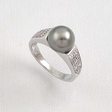 Load image into Gallery viewer, Solid Sterling Silver .925 Black-Grey Tahitian Pearl &amp; CZ Accent Ring