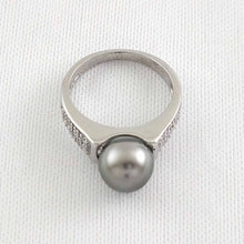 Load image into Gallery viewer, Solid Sterling Silver .925 Black-Grey Tahitian Pearl &amp; CZ Accent Ring