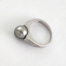 Load image into Gallery viewer, Solid Sterling Silver .925 Black-Grey Tahitian Pearl &amp; CZ Accent Ring