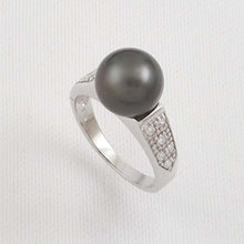 Load image into Gallery viewer, Solid Sterling Silver .925 Silver-Grey Tahitian Pearl &amp; CZ Accent Ring