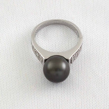 Load image into Gallery viewer, Solid Sterling Silver .925 Silver-Grey Tahitian Pearl &amp; CZ Accent Ring