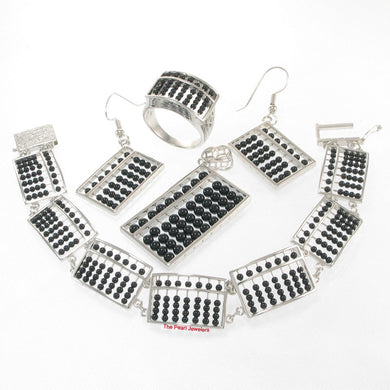 Silver .925 Abacus Design Black Onyx Bracelet, Earrings, Pendant, Ring Set