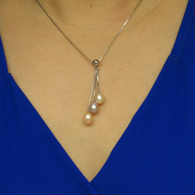 Solid Silver .925 Triple Pearl Dangle Necklace – Color Options