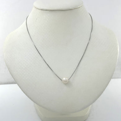 9604090 STERLING SILVER BOX CHAIN SLIDER WHITE PEARL ADJUSTABLE LENGTH NECKLACE