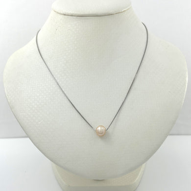 9604092 STERLING SILVER BOX CHAIN SLIDER PEACH PEARL ADJUSTABLE LENGTH NECKLACE