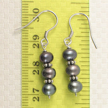 Load image into Gallery viewer, Sterling Silver Bali Bead Black Pearl Hook Earrings