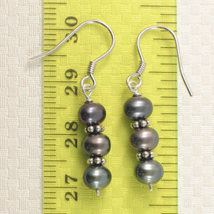 Sterling Silver Bali Bead Black Pearl Hook Earrings