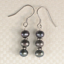 Load image into Gallery viewer, Sterling Silver Bali Bead Black Pearl Hook Earrings