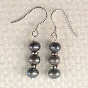 Sterling Silver Bali Bead Black Pearl Hook Earrings